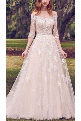 Chicloth Vintage Off the Shoulder Tulle with Lace Appliqued Long Train Wedding Dress_1