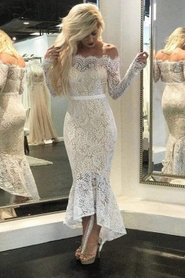 Chicloth High Low Long Sleeves Mermaid Off the Shoulder Lace Wedding Dress_1