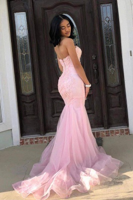 Chicloth Romantic Pink Sweetheart Sleeveless Lace Mermaid Prom Dresses with Train_1