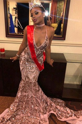 Chicloth New Glitter Sequins Halter V-neck Mermaid Prom Dress_1