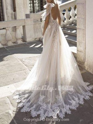 Chicloth Spaghetti Straps Illusion Lace Backless Boho Wedding Dresses_2