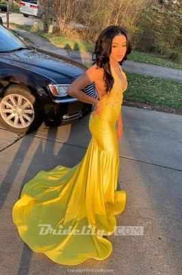 Chicloth Exquisite Sleeveless Halter Backless Mermaid Prom Dresses with Train_2
