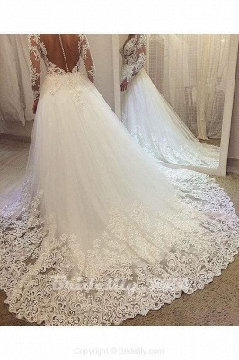 Chicloth Elegant Beading Lace Long Sleeve Sheer Neck Ball Gown Wedding Dress_3