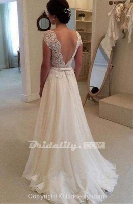 Chicloth A-line Lace Appliqued Cap Sleeves Ivory Chiffon Long Beach Wedding Dress_2