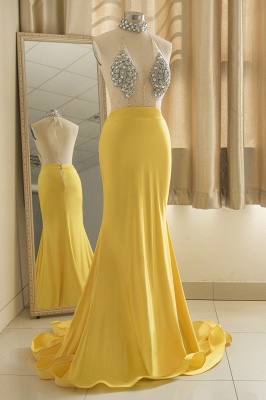 Simple Yellow V Neck Sleeveless Mermaid Prom Dresses_5