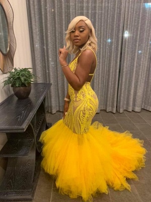 Sexy Yellow Lace Meramid Prom Dress Cheap Ball Gowns_3
