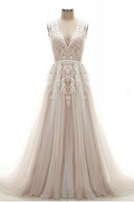 Chicloth Lace Appliques V Neck Long Wedding Dress_1