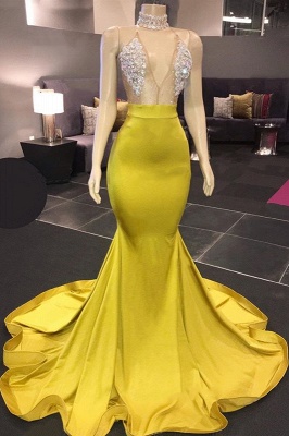 Simple Yellow V Neck Sleeveless Mermaid Prom Dresses_1