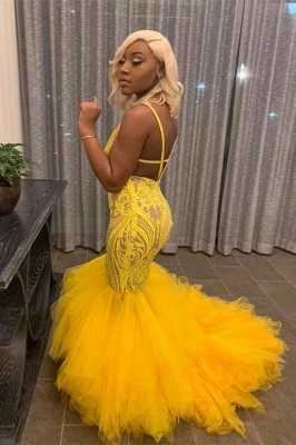 Sexy Yellow Lace Meramid Prom Dress Cheap Ball Gowns_2