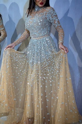 Champagne Long Sleeves Sequins High Collar Beading Floor-Length Prom Dresses_1