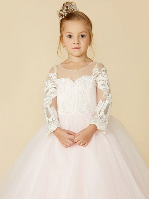Ball Gown Court Train Wedding / Party / Pageant Flower Girl Dresses - Lace / Tulle Long Sleeve Illusion Neck With Bows / Bow(S) / Buttons_7
