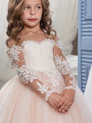 Ball Gown Sweep / Brush Train Wedding / Birthday / Pageant Flower Girl Dresses - Lace / Tulle Long Sleeve Off Shoulder With Lace / Embroidery / Appliques_2