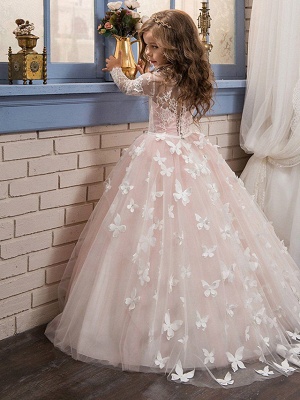 Ball Gown Sweep / Brush Train Party / First Communion / Birthday Flower Girl Dresses - Lace Long Sleeve Jewel Neck With Bow(S) / Appliques_2