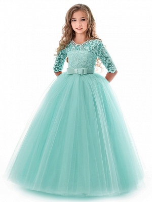 Princess Long Length Wedding / Party / Pageant Flower Girl Dresses - Lace / Tulle Half Sleeve Jewel Neck With Lace / Belt_5