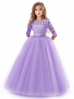 Princess Long Length Wedding / Party / Pageant Flower Girl Dresses - Lace / Tulle Half Sleeve Jewel Neck With Lace / Belt_16