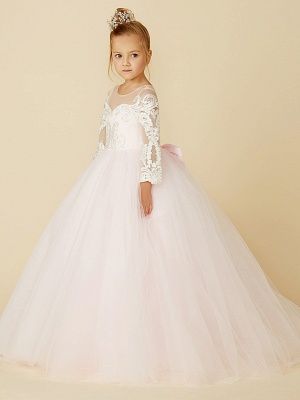 Ball Gown Court Train Wedding / Party / Pageant Flower Girl Dresses - Lace / Tulle Long Sleeve Illusion Neck With Bows / Bow(S) / Buttons_6
