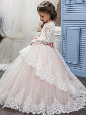 Ball Gown Sweep / Brush Train Wedding / Birthday / Pageant Flower Girl Dresses - Lace / Tulle / Cotton Long Sleeve Jewel Neck With Lace / Belt / Embroidery_3