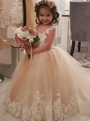 Princess / Ball Gown Sweep / Brush Train Wedding / Party Flower Girl Dresses - Lace / Tulle Long Sleeve V Neck With Pleats / Appliques_1