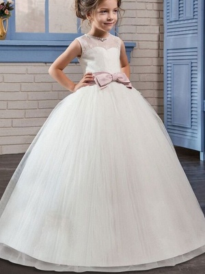 Princess / Ball Gown Floor Length Wedding / Party Flower Girl Dresses - Tulle Sleeveless Jewel Neck With Bow(S) / Beading / Embroidery_1