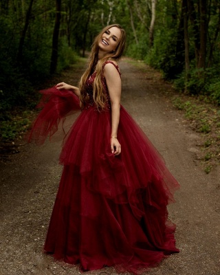 ZY444 Elegant Evening Dresses Long V Neck Red Prom Dresses_2
