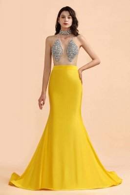 Simple Yellow V Neck Sleeveless Mermaid Prom Dresses_3