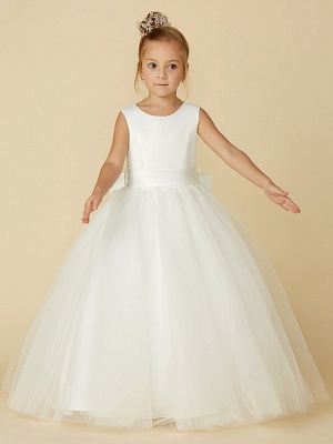 A-Line Floor Length Wedding / First Communion Flower Girl Dresses - Satin / Tulle Sleeveless Jewel Neck With Bow(S) / Buttons_6