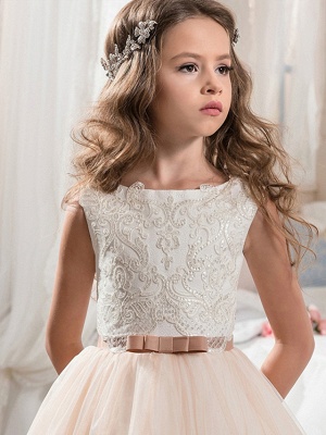 Ball Gown Maxi Wedding / Birthday / Pageant Flower Girl Dresses - Cotton / Nylon With A Hint Of Stretch / Chiffon / Tulle Sleeveless Jewel Neck With Bows / Lace / Embroidery_3