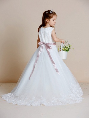 A-Line Floor Length Wedding / First Communion Flower Girl Dresses - Satin / Tulle Sleeveless Jewel Neck With Sash / Ribbon / Bow(S) / Appliques_2