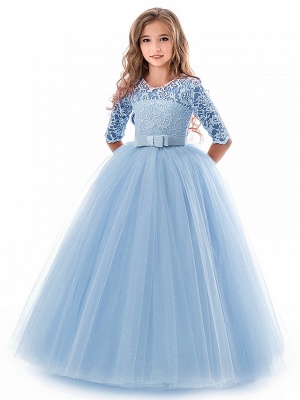 Princess Long Length Wedding / Party / Pageant Flower Girl Dresses - Lace / Tulle Half Sleeve Jewel Neck With Lace / Belt_19