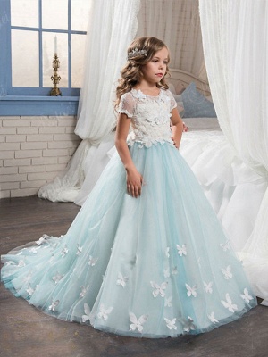 Ball Gown Sweep / Brush Train Wedding / Birthday / Pageant Flower Girl Dresses - Tulle / Cotton Short Sleeve Jewel Neck With Lace / Embroidery / Appliques_1