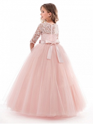 Princess Long Length Wedding / Party / Pageant Flower Girl Dresses - Lace / Tulle Half Sleeve Jewel Neck With Lace / Belt_6