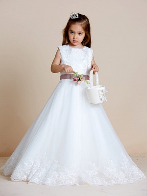 A-Line Floor Length Wedding / First Communion Flower Girl Dresses - Satin / Tulle Sleeveless Jewel Neck With Sash / Ribbon / Bow(S) / Appliques_7