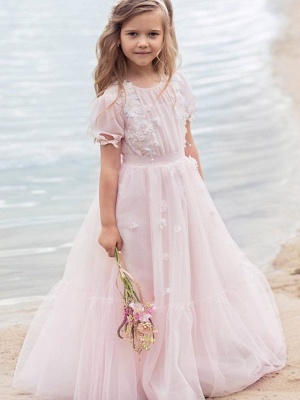 Princess / A-Line Knee Length Wedding / Party Flower Girl Dresses - Tulle Half Sleeve Jewel Neck With Appliques / Solid_1