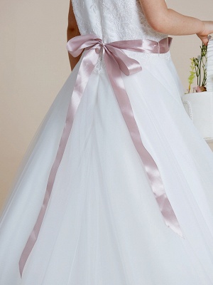 A-Line Floor Length Wedding / First Communion Flower Girl Dresses - Satin / Tulle Sleeveless Jewel Neck With Sash / Ribbon / Bow(S) / Appliques_9