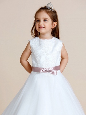 A-Line Floor Length Wedding / First Communion Flower Girl Dresses - Satin / Tulle Sleeveless Jewel Neck With Sash / Ribbon / Bow(S) / Appliques_8