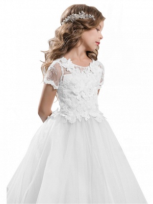 Ball Gown Sweep / Brush Train Wedding / Birthday / Pageant Flower Girl Dresses - Tulle / Cotton Short Sleeve Jewel Neck With Lace / Embroidery / Appliques_15