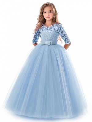 Princess Long Length Wedding / Party / Pageant Flower Girl Dresses - Lace / Tulle Half Sleeve Jewel Neck With Lace / Belt_3