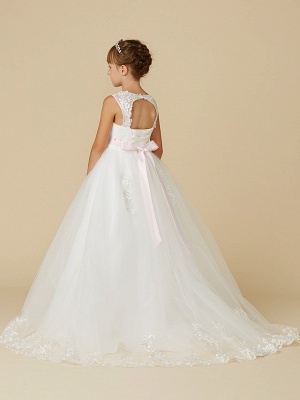 Princess Sweep / Brush Train Wedding / First Communion Flower Girl Dresses - Lace / Tulle Sleeveless Jewel Neck With Belt / Beading / Appliques_2