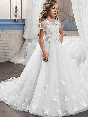 Ball Gown Sweep / Brush Train Wedding / Birthday / Pageant Flower Girl Dresses - Tulle / Cotton Short Sleeve Jewel Neck With Lace / Embroidery / Appliques_4