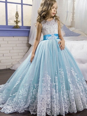 Princess / Ball Gown Court Train Wedding / Party Flower Girl Dresses - Tulle Sleeveless Jewel Neck With Bow(S) / Beading / Appliques_1