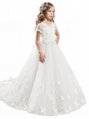 Ball Gown Sweep / Brush Train Wedding / Birthday / Pageant Flower Girl Dresses - Tulle / Cotton Short Sleeve Jewel Neck With Lace / Embroidery / Appliques_9