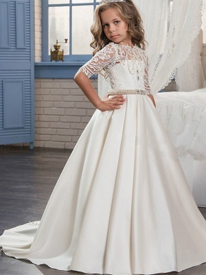 Ball Gown Sweep / Brush Train Wedding / Birthday / Pageant Flower Girl Dresses - Matte Satin Half Sleeve Jewel Neck With Embroidery / Bandage_1