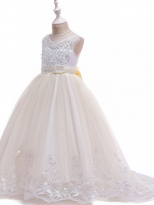 Princess / Ball Gown Court Train Wedding / Party Flower Girl Dresses - Tulle Sleeveless Jewel Neck With Bow(S) / Beading / Appliques_7