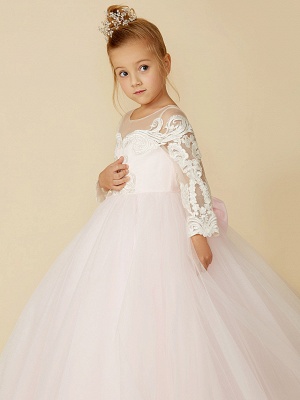 Ball Gown Court Train Wedding / Party / Pageant Flower Girl Dresses - Lace / Tulle Long Sleeve Illusion Neck With Bows / Bow(S) / Buttons_9