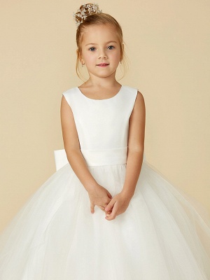 A-Line Floor Length Wedding / First Communion Flower Girl Dresses - Satin / Tulle Sleeveless Jewel Neck With Bow(S) / Buttons_8