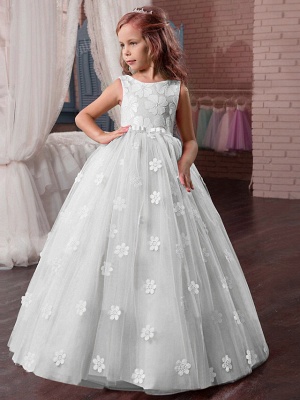 Princess Long Length Wedding / First Communion / Pageant Flower Girl Dresses - Tulle / Mikado Sleeveless Jewel Neck With Appliques_1