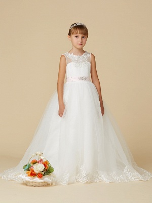 Princess Sweep / Brush Train Wedding / First Communion Flower Girl Dresses - Lace / Tulle Sleeveless Jewel Neck With Belt / Beading / Appliques_4