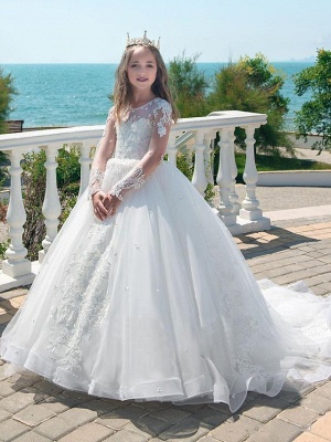 Princess / Ball Gown Court Train Wedding / Party Flower Girl Dresses - Lace Long Sleeve Jewel Neck With Lace / Pleats / Appliques_1
