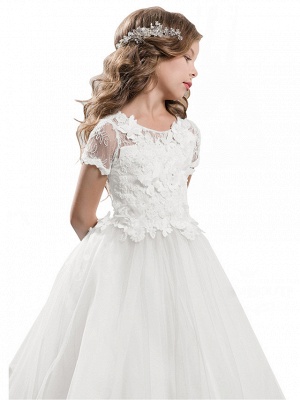Ball Gown Sweep / Brush Train Wedding / Birthday / Pageant Flower Girl Dresses - Tulle / Cotton Short Sleeve Jewel Neck With Lace / Embroidery / Appliques_11