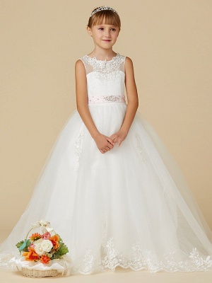 Princess Sweep / Brush Train Wedding / First Communion Flower Girl Dresses - Lace / Tulle Sleeveless Jewel Neck With Belt / Beading / Appliques_1